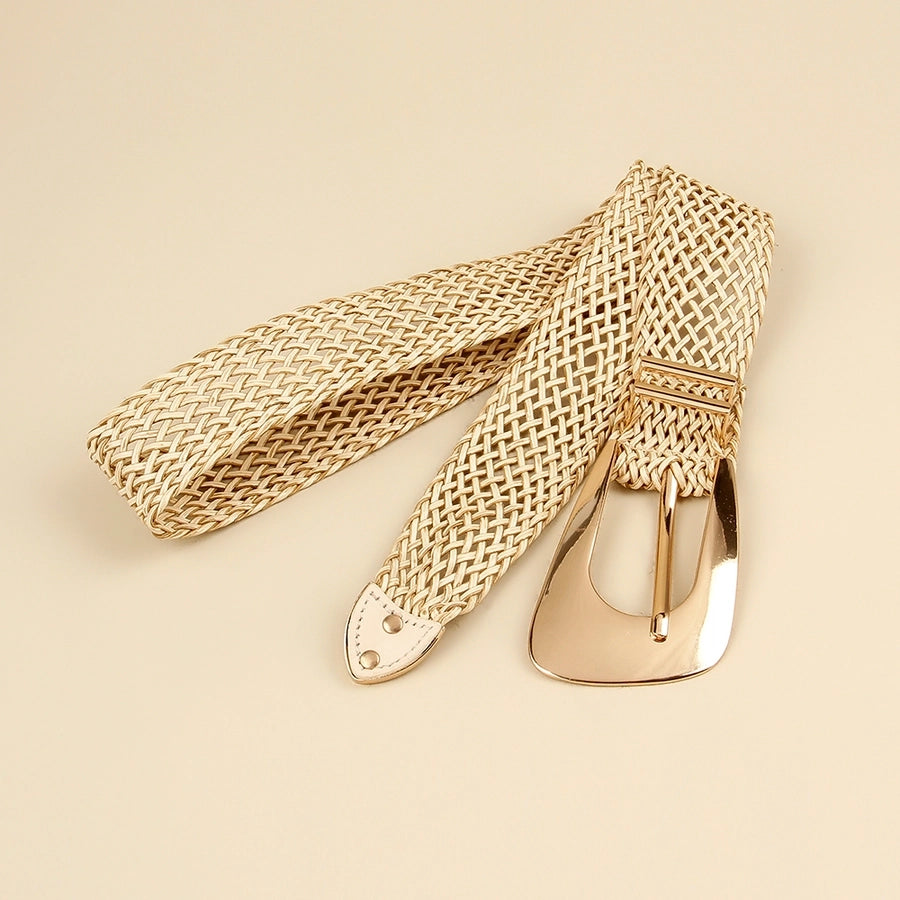 vacation simple style geometric straw buckle women's woven belts
