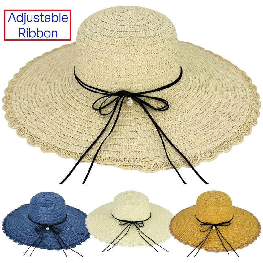 Women's Summer Hats with Crocheted Brim and Pearl Ribbon - Assorted Colors WSH040
