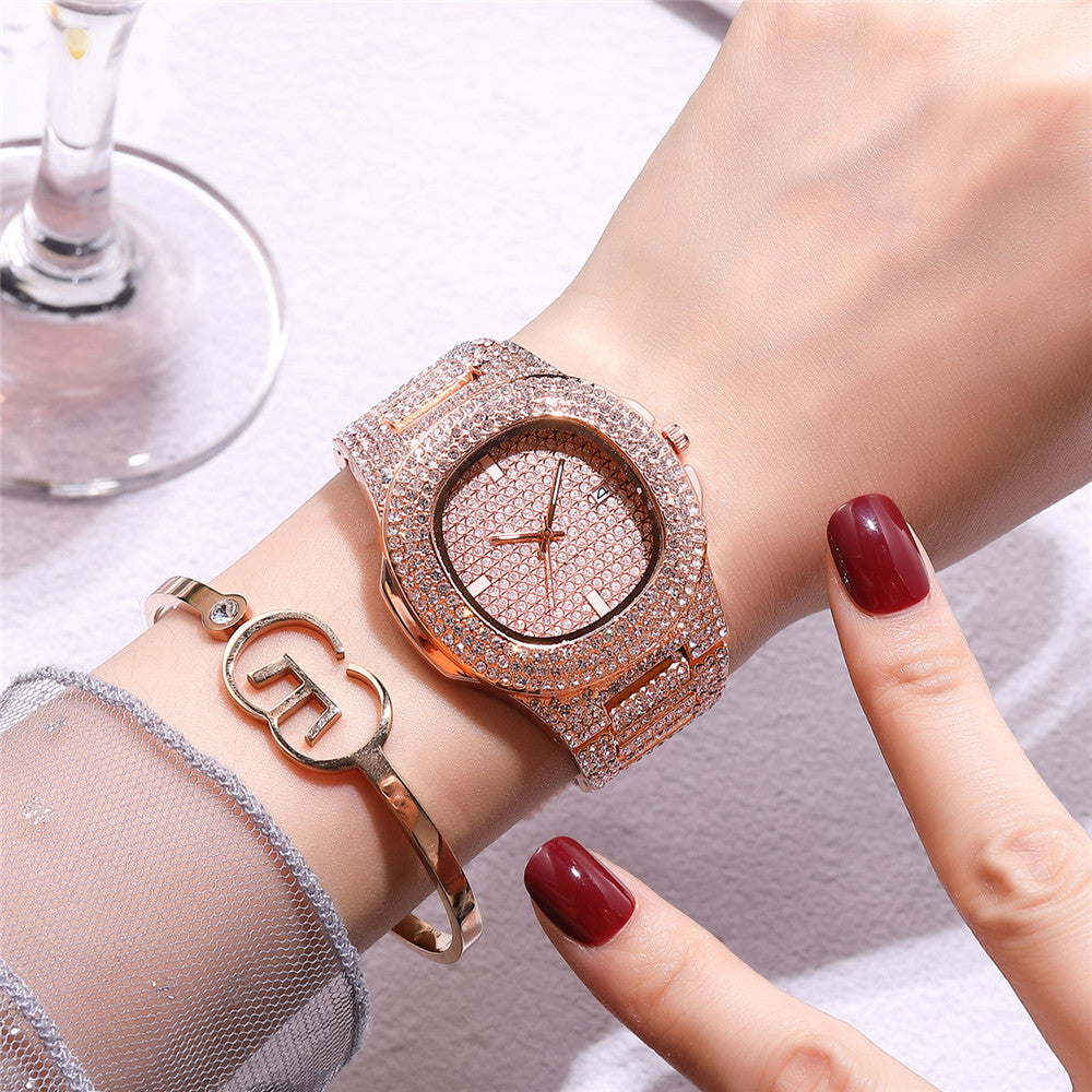 rhinestone alloy ladies quartz watch fashion large dial with diamonds starry calendar ladies fashion watch