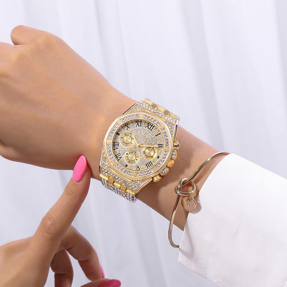 diamond metal quartz steel band watch