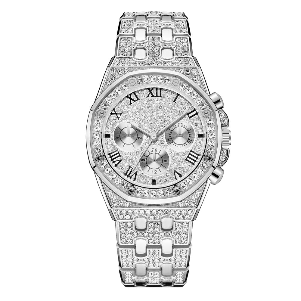 diamond metal quartz steel band watch