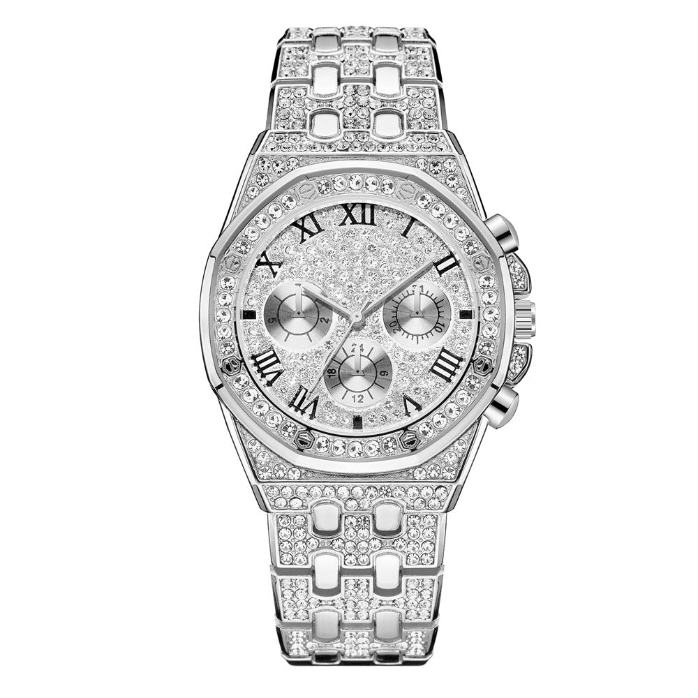 diamond metal quartz steel band watch