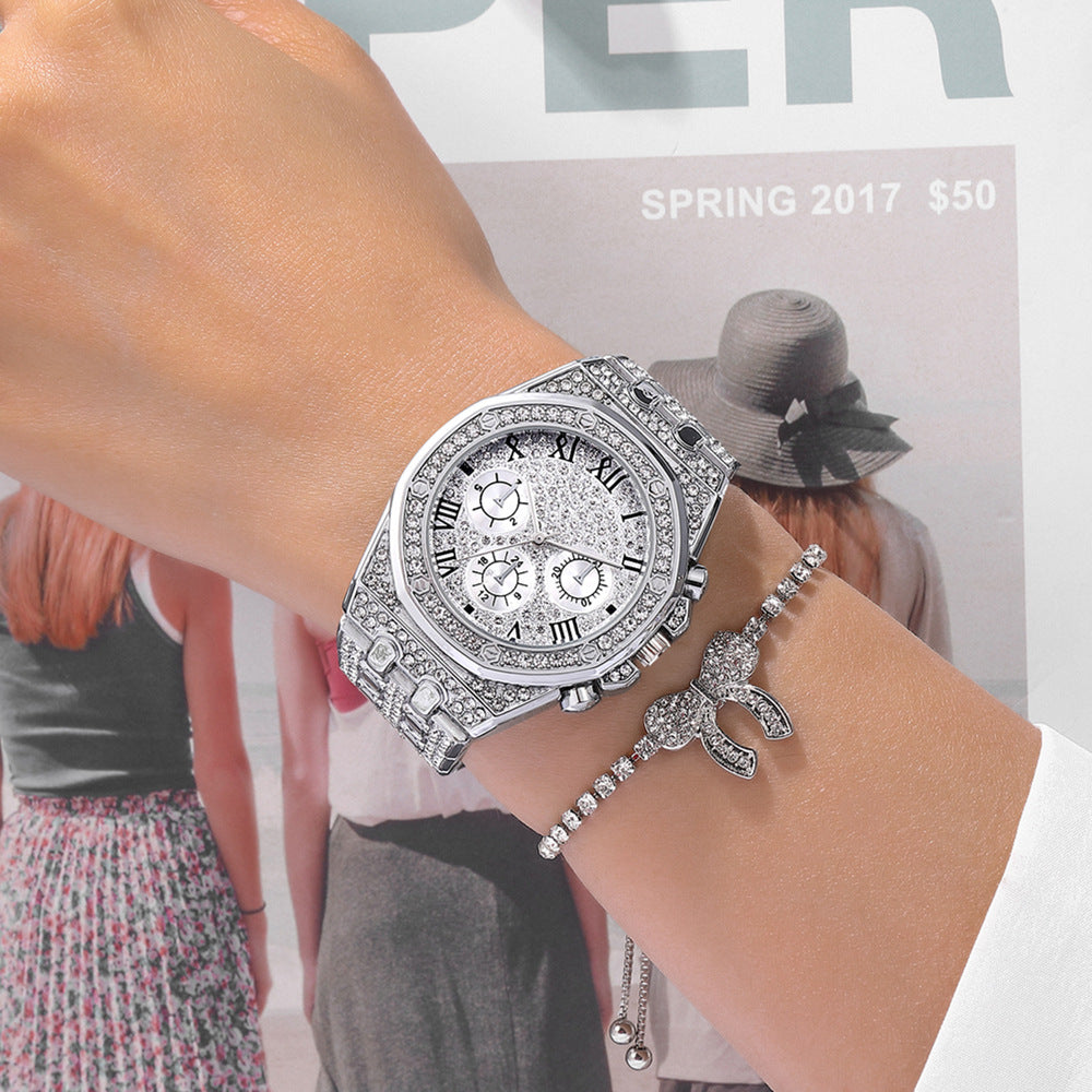 diamond metal quartz steel band watch