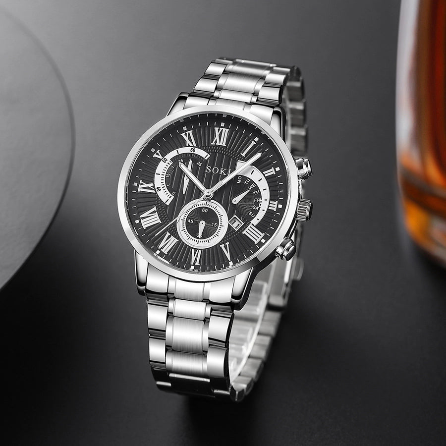 men's suit business fashion outdoor roman surface steel belt quartz watch chain bracelet set