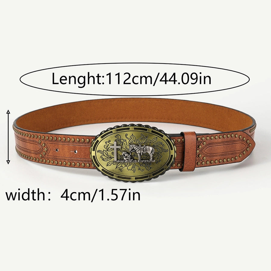 retro cowboy style horse pu leather metal button men's leather belts