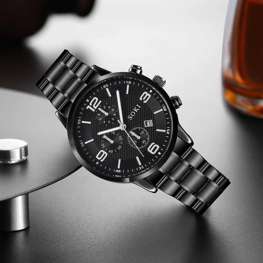 men's business fashion outdoor three-eye watch steel belt quartz watch chain bracelet set