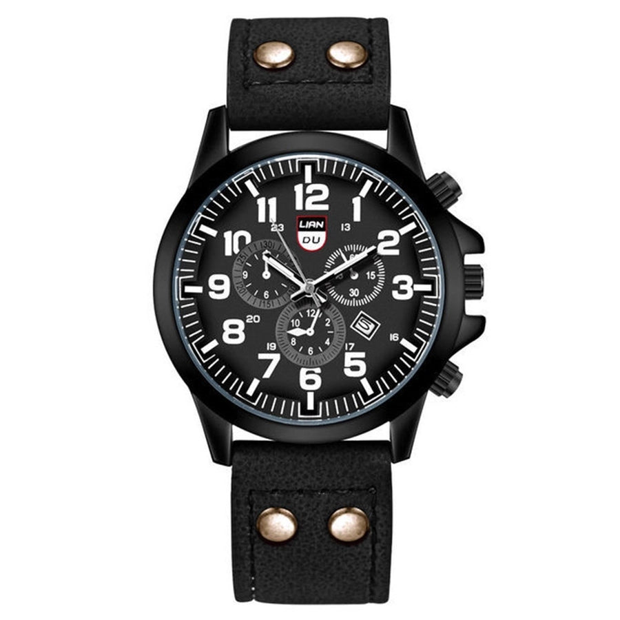 men's watch fashion frosted belt three eyes calendar watch black shell three eyes sports watch
