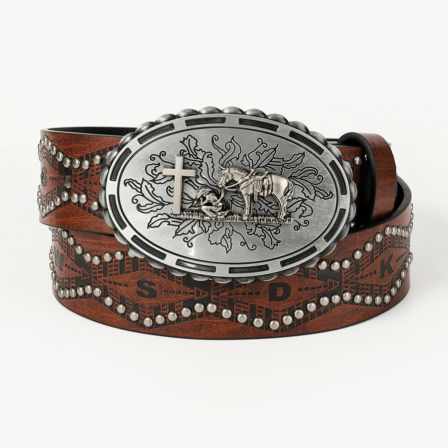 retro cowboy style horse pu leather metal button men's leather belts