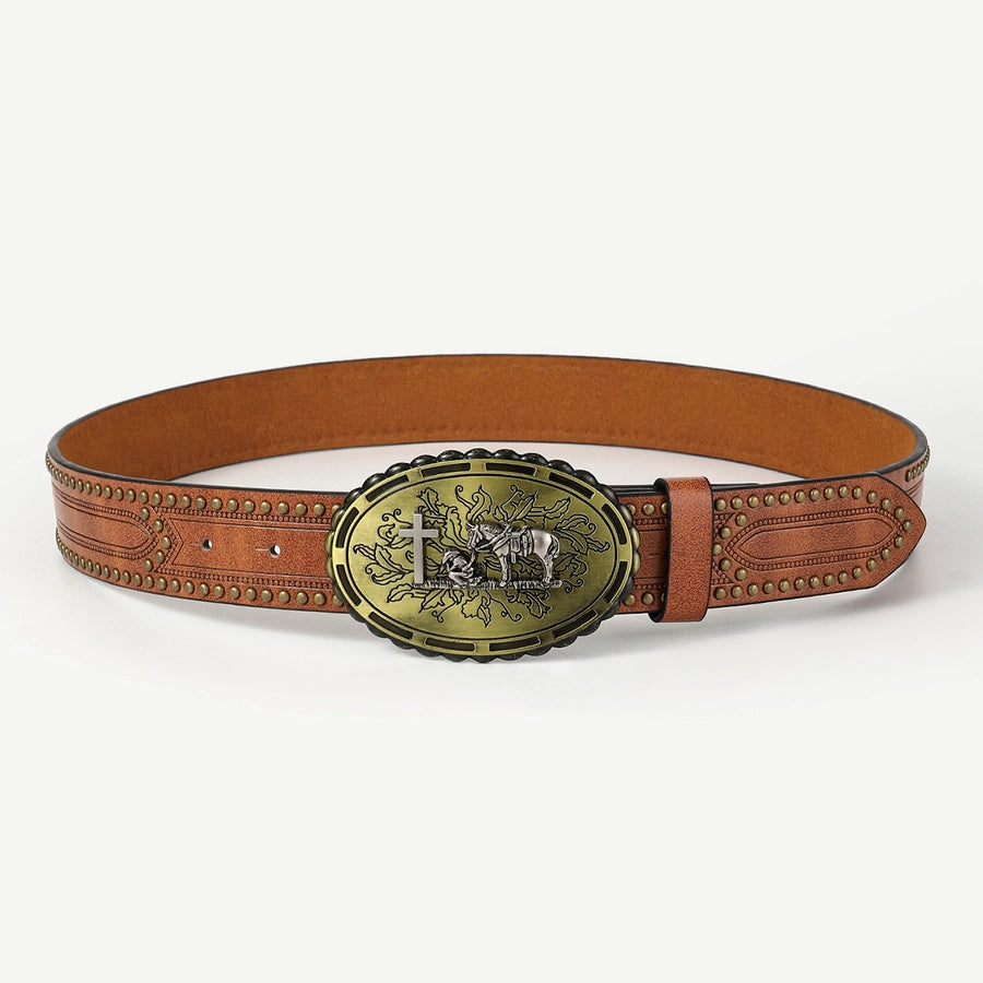 retro cowboy style horse pu leather metal button men's leather belts