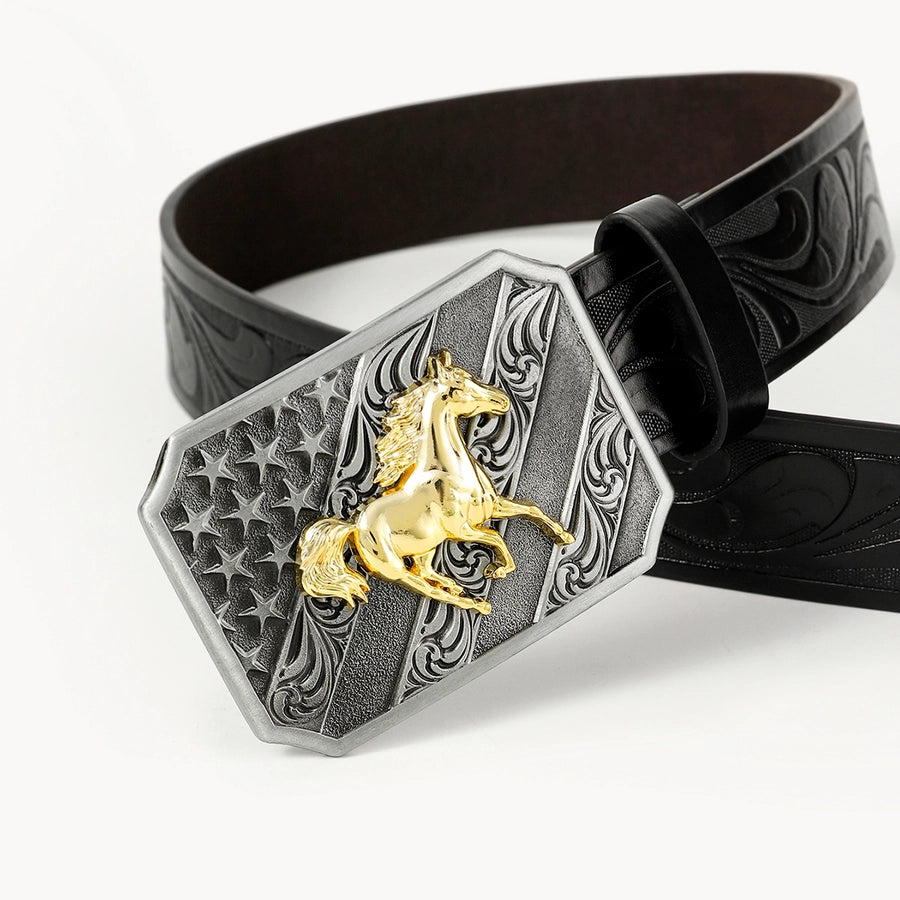 retro cowboy style horse pu leather metal button men's leather belts