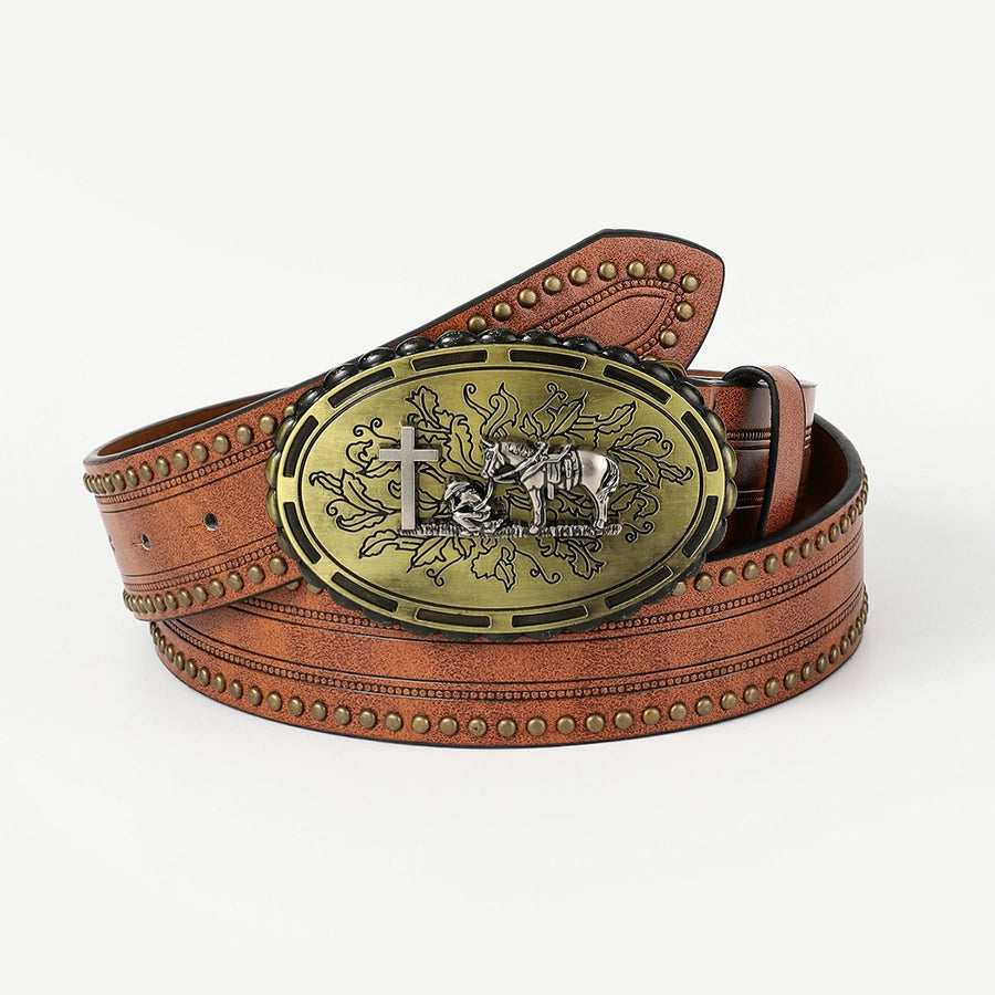 retro cowboy style horse pu leather metal button men's leather belts