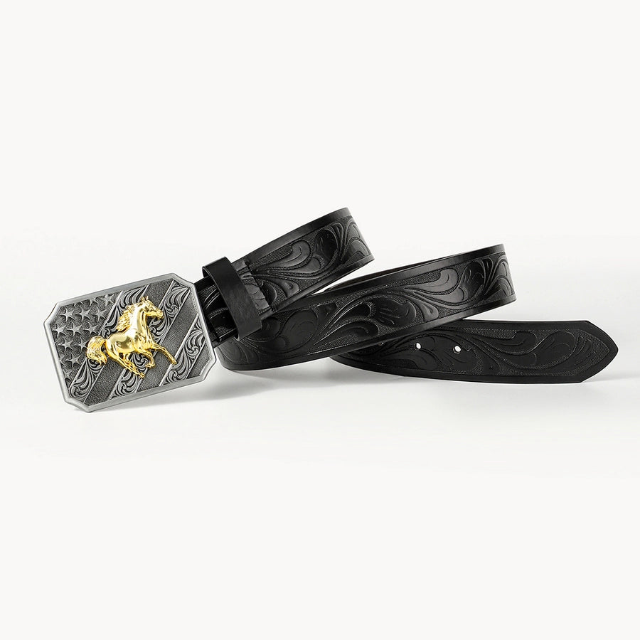 retro cowboy style horse pu leather metal button men's leather belts