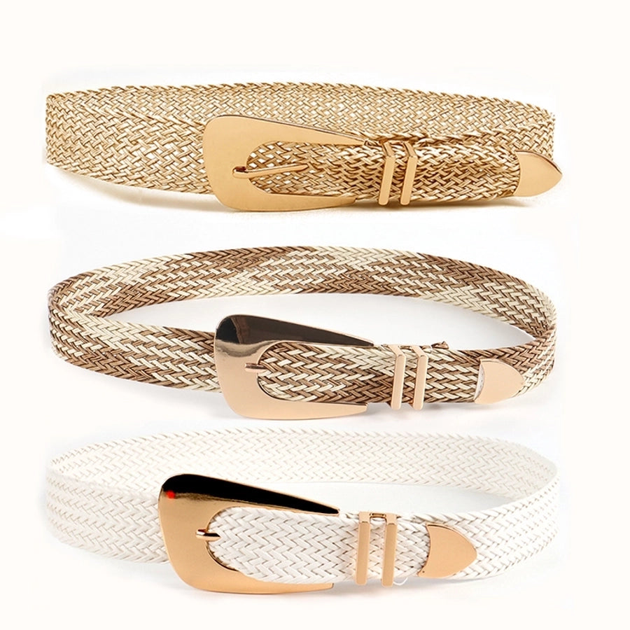 vacation simple style geometric straw buckle women's woven belts