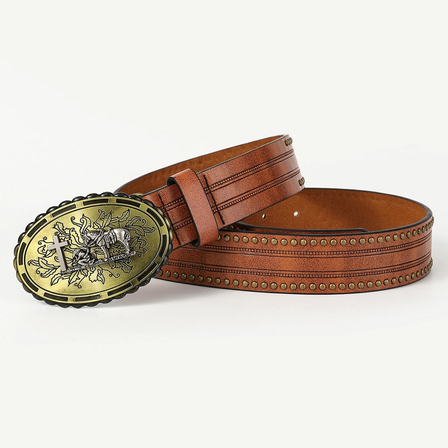 retro cowboy style horse pu leather metal button men's leather belts