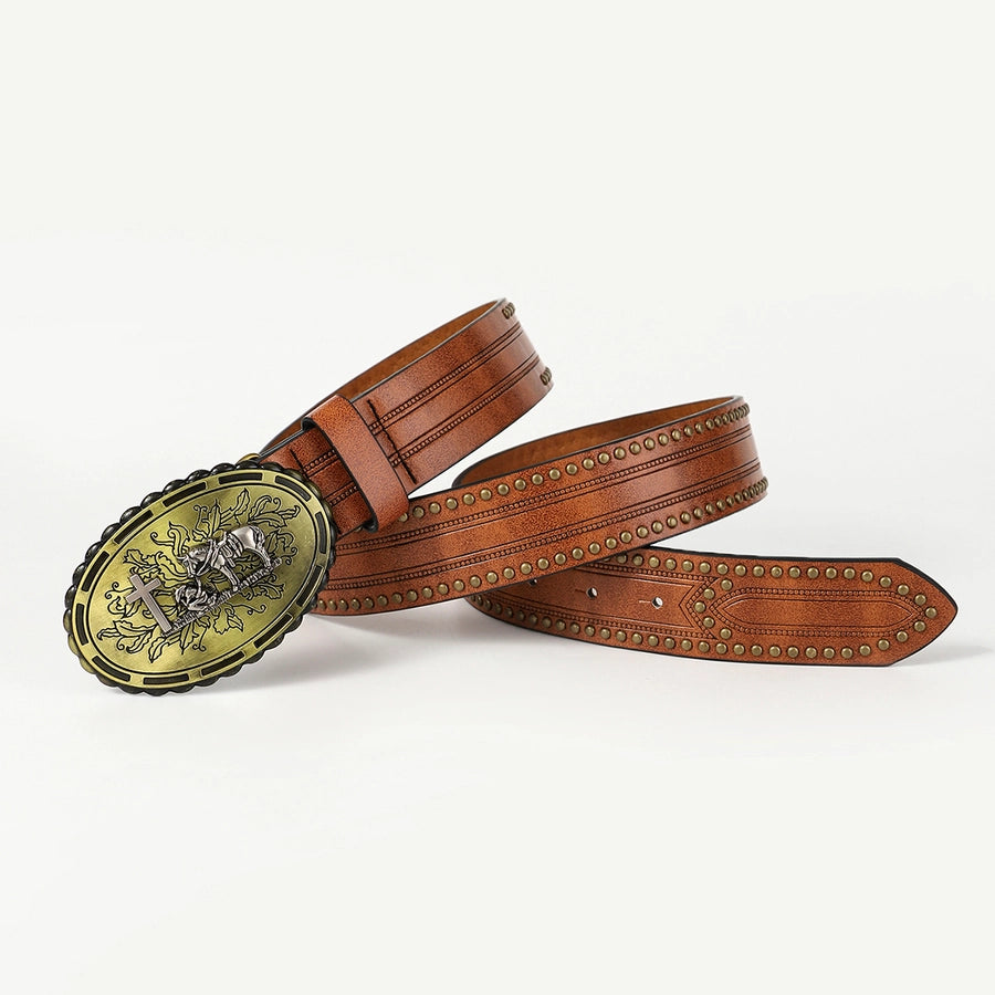 retro cowboy style horse pu leather metal button men's leather belts