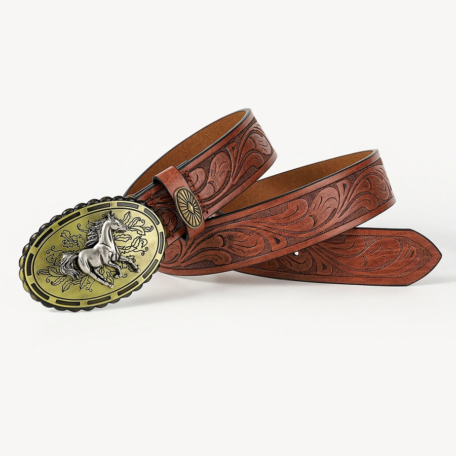 retro cowboy style horse pu leather metal button men's leather belts