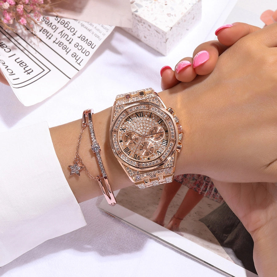 diamond metal quartz steel band watch
