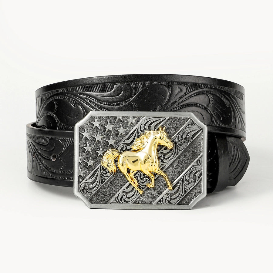 retro cowboy style horse pu leather metal button men's leather belts