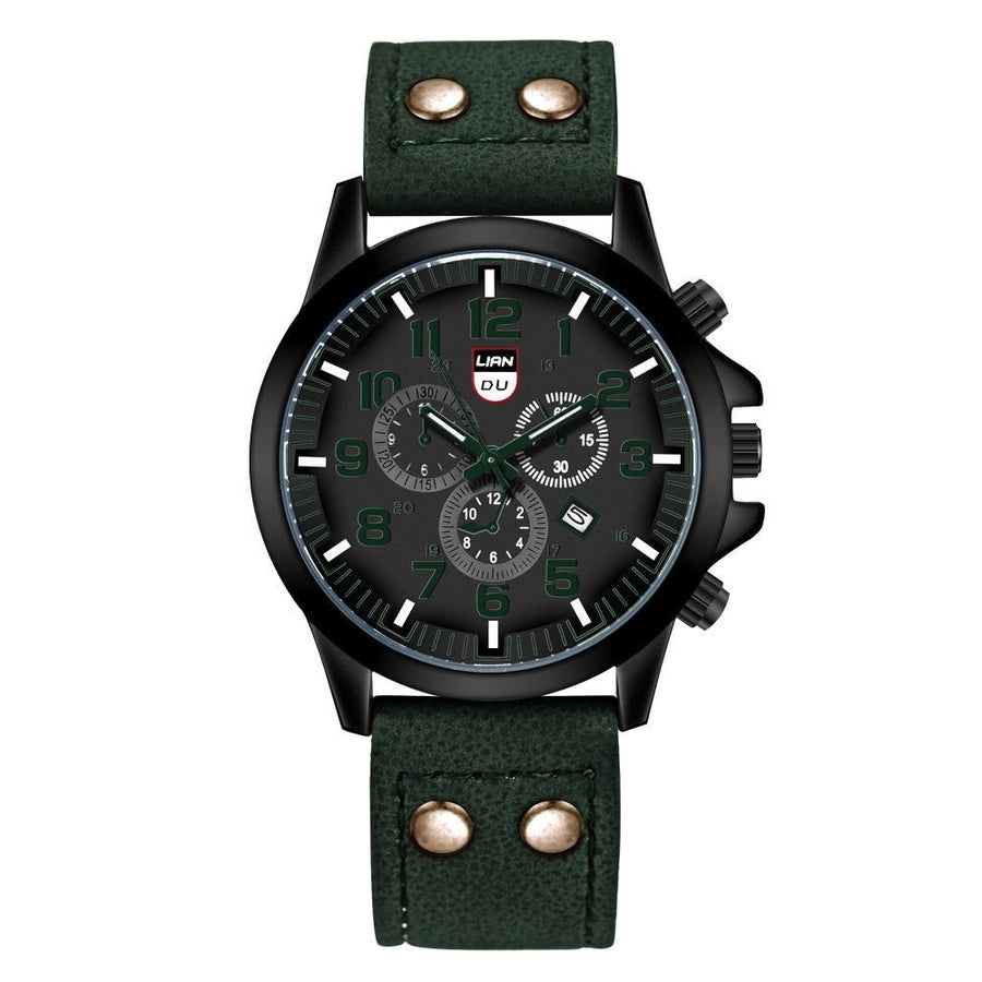 men's watch fashion frosted belt three eyes calendar watch black shell three eyes sports watch