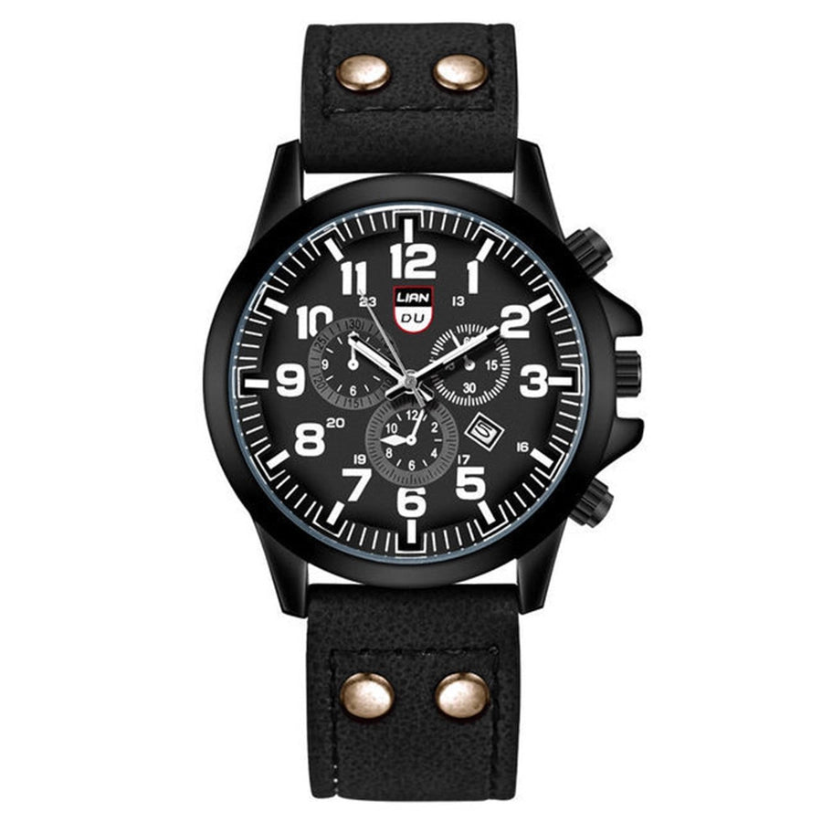 men's watch fashion frosted belt three eyes calendar watch black shell three eyes sports watch