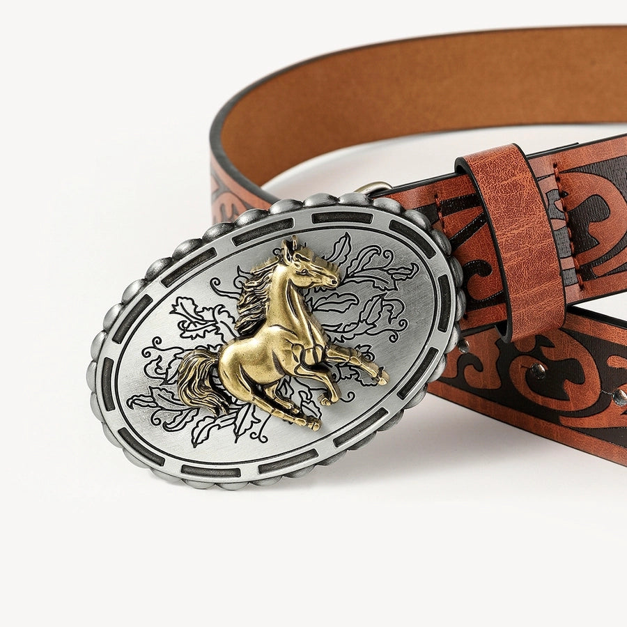 retro cowboy style horse pu leather metal button men's leather belts