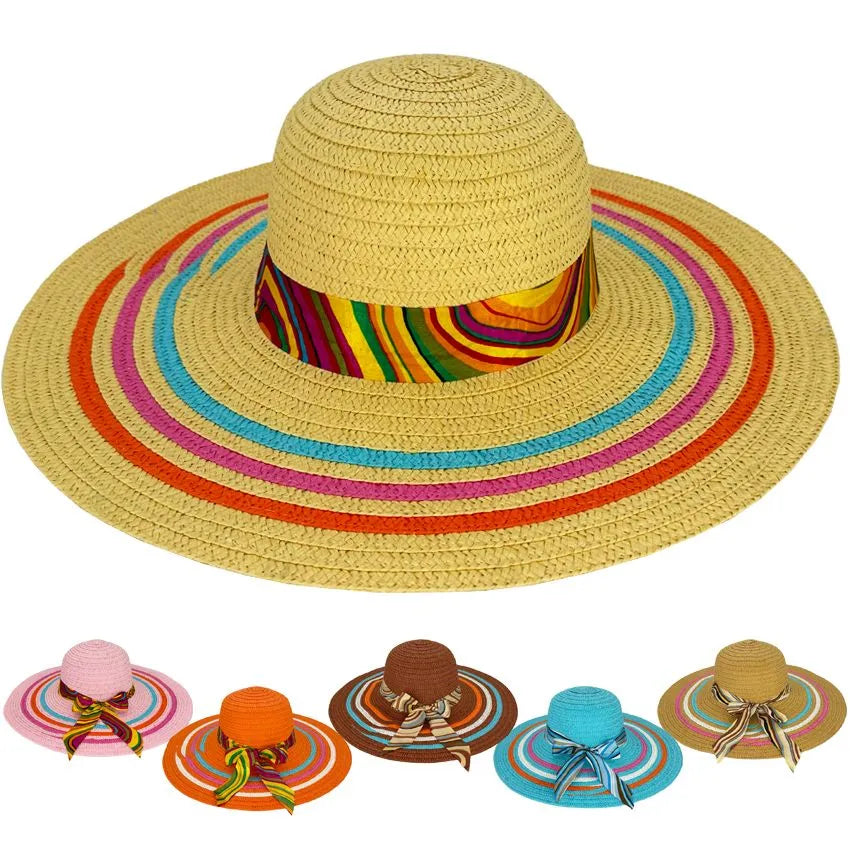 Wide Brimmed Summer Hats for Women - Rainbow Design Ribbon and Brim WSH011