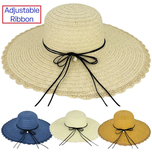 Women's Summer Hats with Crocheted Brim and Pearl Ribbon - Assorted Colors WSH040